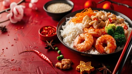 Wall Mural - A plate of food with shrimp and tomatoes on a red background. The plate is surrounded by various utensils and bowls