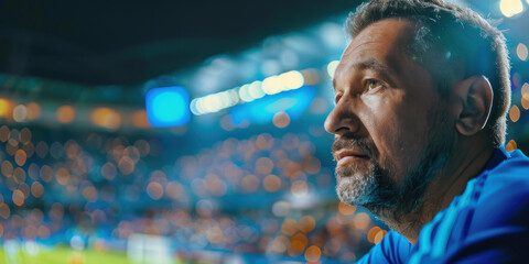 Wall Mural - A man in a blue shirt watches a soccer game in a stadium, his face showing deep engagement and focus.