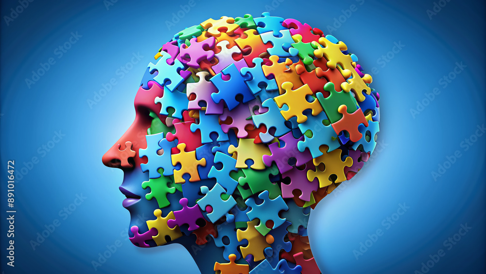 Colorful puzzle pieces swirling inside a stylized human brain ...