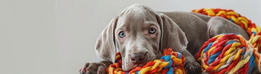 A playful Weimaraner puppy with a toy, digital painting, vibrant and dynamic, isolated on white background