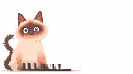 A Siamese cat being groomed with a comb, cartoon illustration, fun and lively, isolated on white background