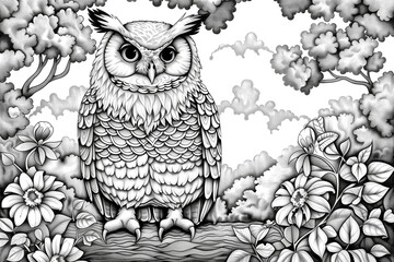 Wall Mural - A black and white drawing of an owl sitting on a tree branch. The owl has its eyes open and he is looking at the viewer. The background features a forest with trees and bushes