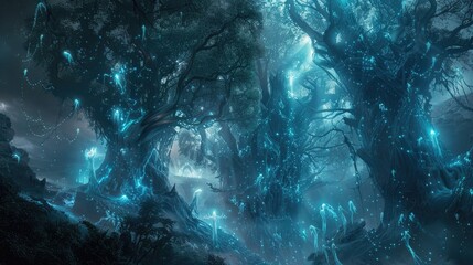 Wall Mural - ethereal beings of light and shadow locked in an eternal struggle within an enchanted forest of towe