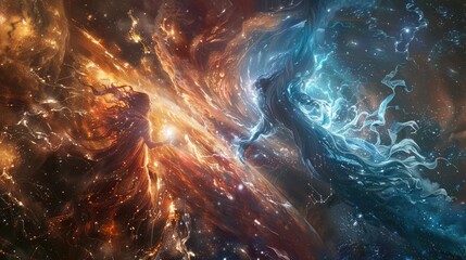 Wall Mural - ethereal entities of cosmic serenity and astral fury locked in an eternal struggle amidst the ever-e