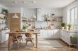 © DigitalArt Max - Scandinavian kitchen, characterized by its clean and minimalist interior design, boasts a timeless white color scheme and wooden accents. The modern furniture, adorned with various accessories and