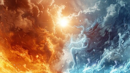 Wall Mural - ethereal spirits of fire and frost engaged in an elemental war beneath a blazing sun and turbulent s