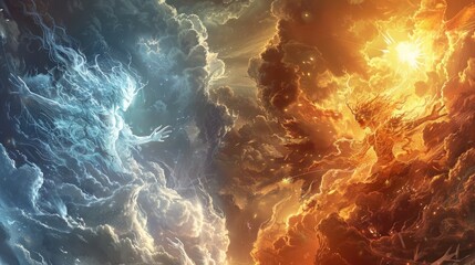 Wall Mural - ethereal spirits of fire and frost engaged in an elemental war beneath a blazing sun and turbulent s