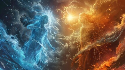 Wall Mural - ethereal spirits of fire and frost engaged in a elemental war beneath a blazing sun and turbulent st