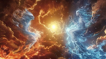 Wall Mural - ethereal spirits of fire and frost engaged in an elemental war beneath a blazing sun and turbulent s