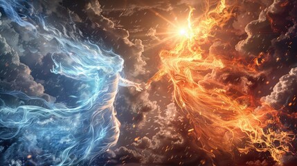 Wall Mural - ethereal spirits of fire and frost engaged in an elemental war beneath a blazing sun and turbulent s