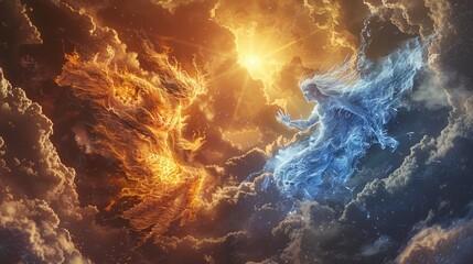 Wall Mural - ethereal spirits of fire and frost engaged in an elemental war beneath a blazing sun and turbulent s