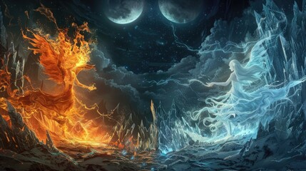 Wall Mural - ethereal spirits of fire and ice engaged in a dance of destruction and creation within a crystalline