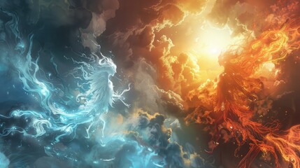 Wall Mural - ethereal spirits of fire and frost engaged in an elemental war beneath a blazing sun and turbulent s