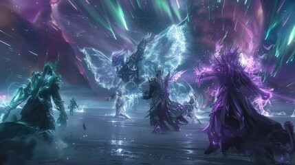 Wall Mural - ethereal spirits of forgotten realms, clad in shimmering armor of celestial hues, clash in an astral