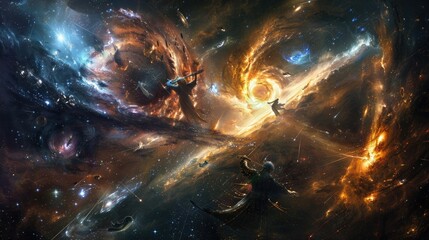 Wall Mural - ethereal spirits of time and space engaged in a celestial battle amidst swirling galaxies and cosmic
