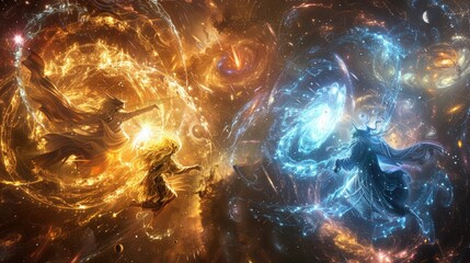 Wall Mural - ethereal spirits of time and space engaged in a celestial battle amidst swirling galaxies and cosmic