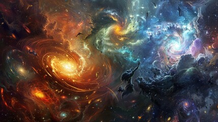 Wall Mural - ethereal spirits of time and space engaged in a celestial battle amidst swirling galaxies and cosmic