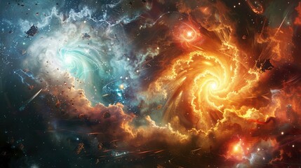 Wall Mural - ethereal spirits of time and space engaged in a celestial battle amidst swirling galaxies and cosmic