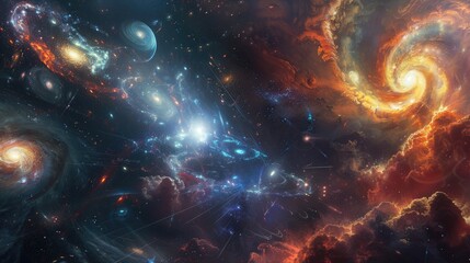 Wall Mural - ethereal spirits of time and space engaged in a celestial battle amidst swirling galaxies and cosmic