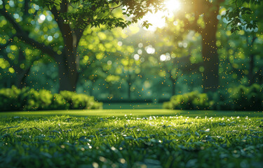 Wall Mural - Beautiful blurred spring background with green grass, trees, blue sky, and sunlight in a park or garden on a sunny day