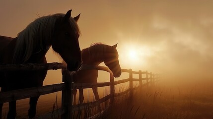 Two horses are standing in a field with a fence in the background. The horses are looking at the camera