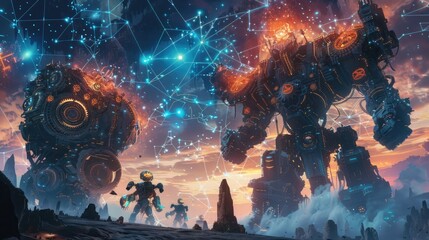 Wall Mural - mechanical behemoths of arcane machinery and elemental gears wage war in a subterranean labyrinth be