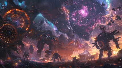 Wall Mural - mechanical behemoths of arcane machinery and elemental gears wage war in a subterranean labyrinth be