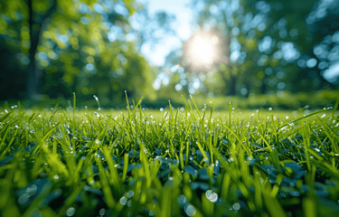 Wall Mural - Impressionist outdoor summer landscape with green grass, trees, and blue sky in a park on a sunny day