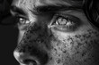 © btiger - black and white close up of sad freckled face on dark background