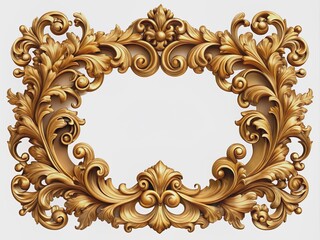 Intricately ornate gold vintage baroque frame boasts lavish scroll ornaments, engraving crests, and floral patterns amidst rich acanthus foliage swirls and filigree decorative design elements.