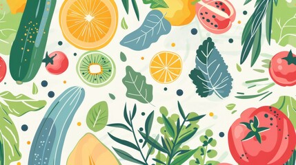 Wall Mural - Flat vector design of fresh produce and herbs, perfect for a healthy and vegetarian-themed kitchen decor