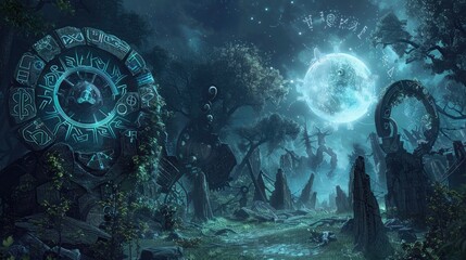 Wall Mural - Mechanical constructs of ancient runes and mystic symbols locked in an arcane duel within a mystical forest bathed in ethereal moonlight.