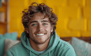 Portrait of a joyful young curly-haired man in a green hoodie laughing at the camera on a pastel lime background with copy space, 8k photography of an attractive smiling male with casual style