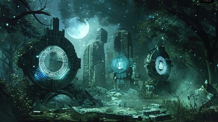 Wall Mural - mechanical constructs of ancient runes and mystic symbols locked in an arcane duel within a mystical