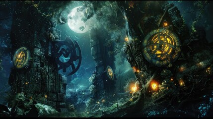 Wall Mural - mechanical constructs of ancient runes and mystic symbols locked in an arcane duel within a mystical