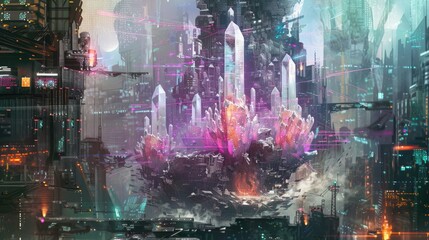 Wall Mural - Mechanical constructs of ancient crystal and arcane energy engaged in a clash of futuristic technology amidst a cyberpunk cityscape.