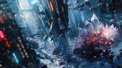 Wall Mural - mechanical constructs of ancient crystal and arcane energy engaged in a clash of futuristic technolo