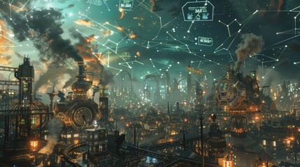 Wall Mural - Mechanical constructs of clockwork and steam clashing in a futuristic cityscape under a sky ablaze with digital constellations.