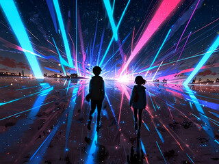 Wall Mural - abstract People walking in glowing illusory space, digital painting