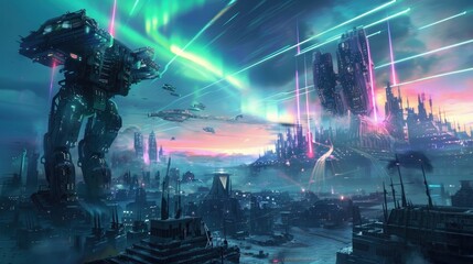 Wall Mural - Mechanical constructs powered by arcane energy clashing in a futuristic cityscape under a sky lit with streaks of celestial auroras.