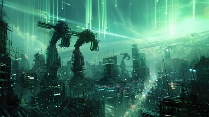 Wall Mural - Mechanical constructs powered by arcane energy clashing in a futuristic cityscape under a sky lit with streaks of celestial auroras.