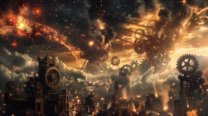 Wall Mural - mechanical giants of gears and steam battling in a clockwork cityscape under a sky illuminated by bu