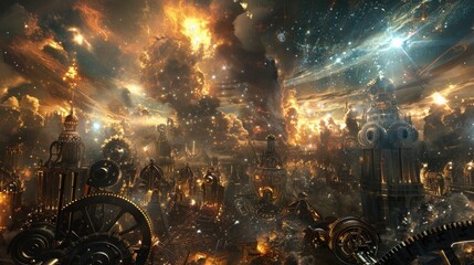Wall Mural - mechanical giants of gears and steam battling in a clockwork cityscape under a sky illuminated by bu