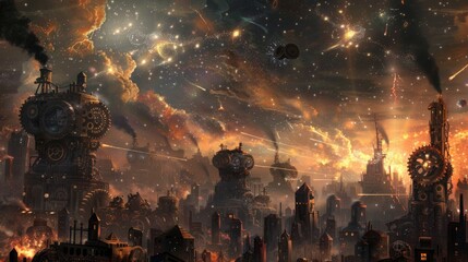 Wall Mural - mechanical giants of gears and steam battling in a clockwork cityscape under a sky illuminated by bu