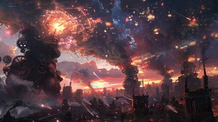 Wall Mural - mechanical giants of gears and steam battling in a clockwork cityscape under a sky illuminated by bu