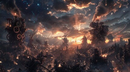 Wall Mural - mechanical giants of gears and steam battling in a clockwork cityscape under a sky illuminated by bu