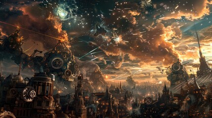 Wall Mural - mechanical giants of gears and steam battling in a clockwork cityscape under a sky illuminated by bu
