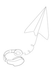 Wall Mural - One continuous line of Paper Airplane with Headphones. Thin Line Illustration vector concept. Contour Drawing Creative ideas.