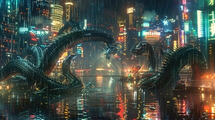 Wall Mural - Mechanical serpents of steely sinew and electrical pulse engage in a cybernetic duel amidst a futuristic metropolis, bathed in neon lights and reflections of digital rain.