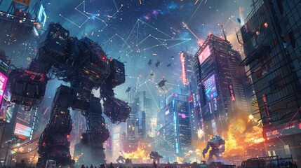 Wall Mural - mechanical titans of iron and electricity waging war in a futuristic battlefield of towering skyscra